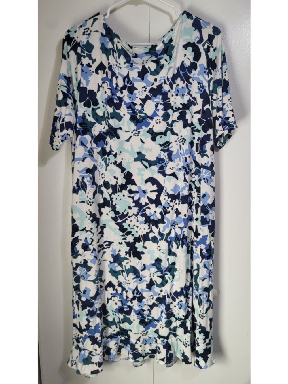 J Jill Women's LG Dress Floral Ruffle Short Sleeve Stretch Blue White Pockets - Picture 2 of 7